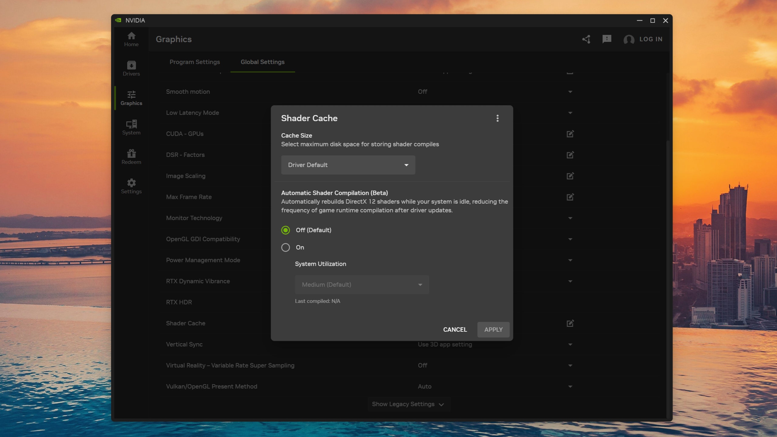 A screenshot of the beta automatic shader compilation option in the April release of Nvidia App